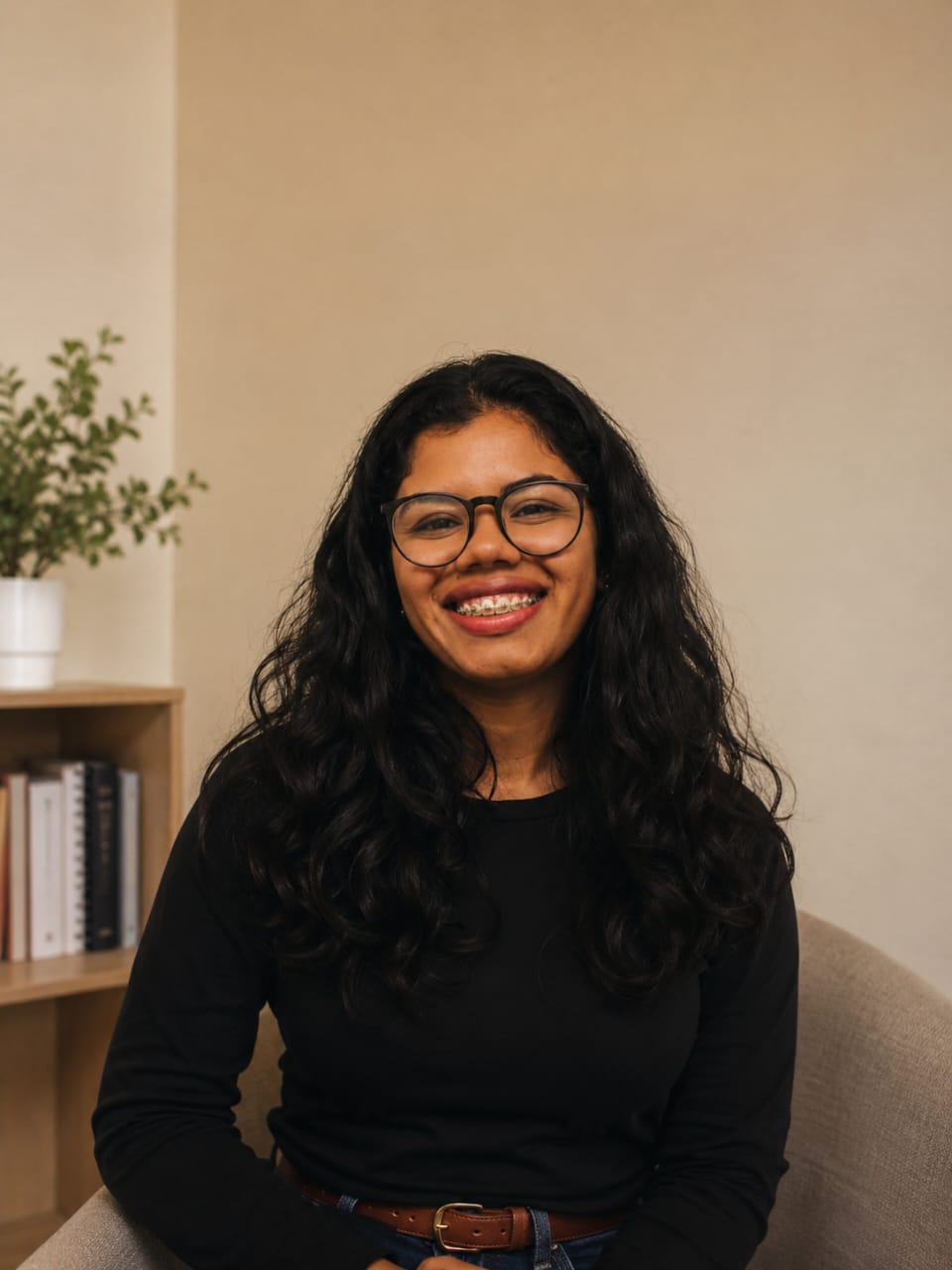 Retrato de Alessandra Soares, psicóloga, sorrindo em seu consultório.